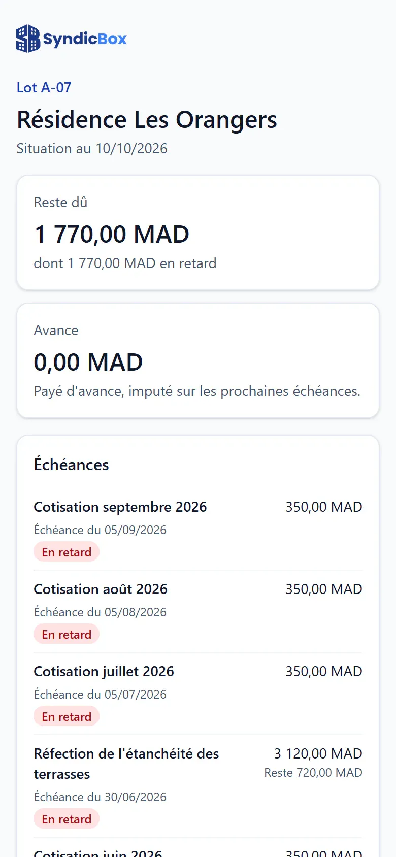 Capture du portail des copropriétaires sur téléphone : situation d’un lot
