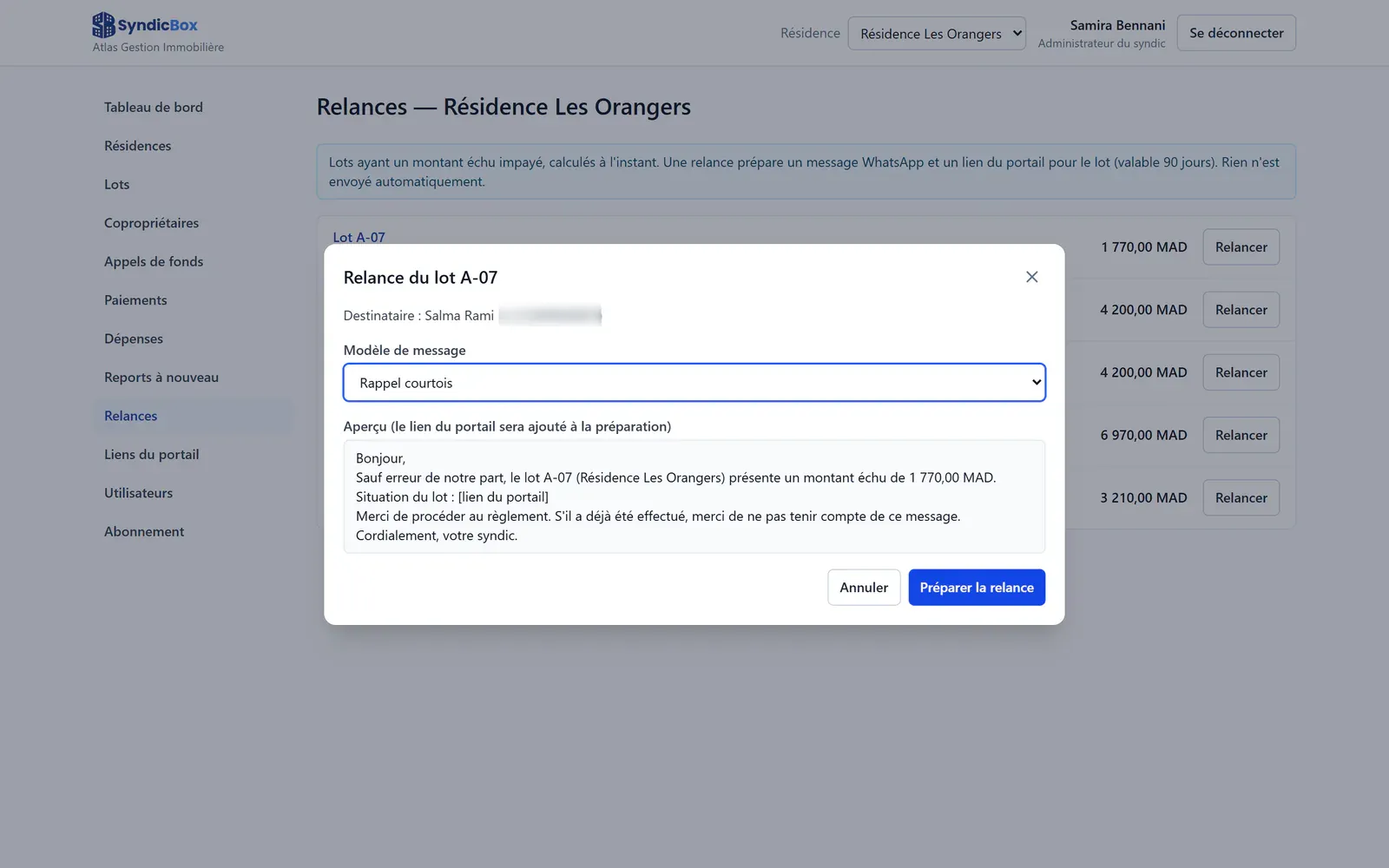 Capture de la liste des relances : lots en retard et message préparé